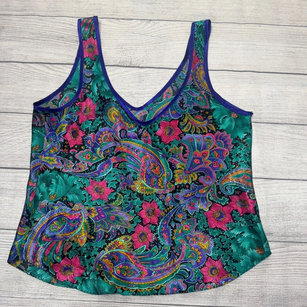 California Dynasty Vintage Floral Paisley Satin Pajama Set Shorts Tank Small USA
